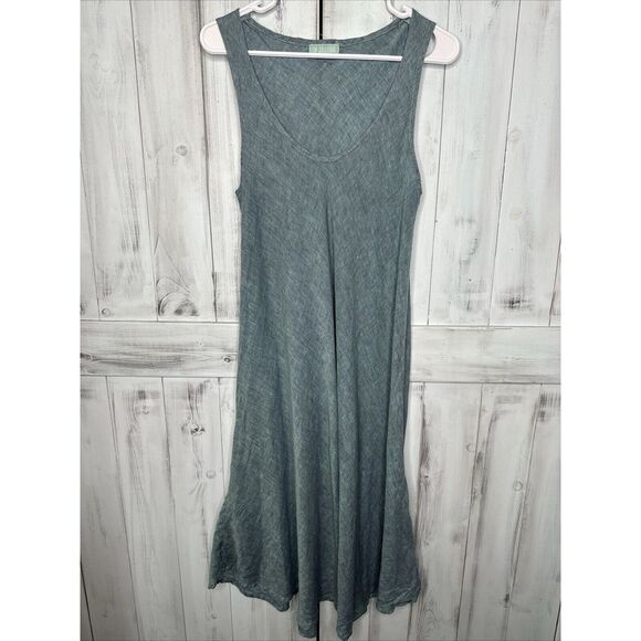 CP SHADES TEAL HATCHED 100% LINEN SLEEVELESS LIGHT AIRY LAGENLOOK MIDI DRESS S - Picture 1 of 16